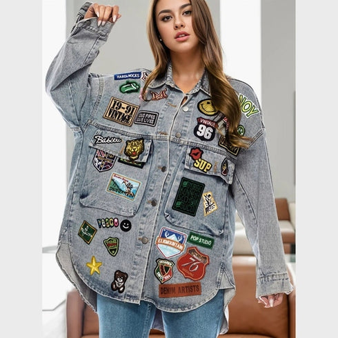 'Marina' Denim Patchwork Embroidery Jacket - Celes Fashion